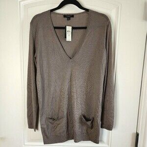 Ann Taylor Cashmere V-Neck Lightweight Long  Sweater M Taupe Brown